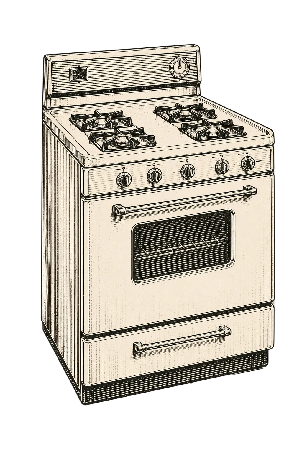 Vintage ink illustration of a stove